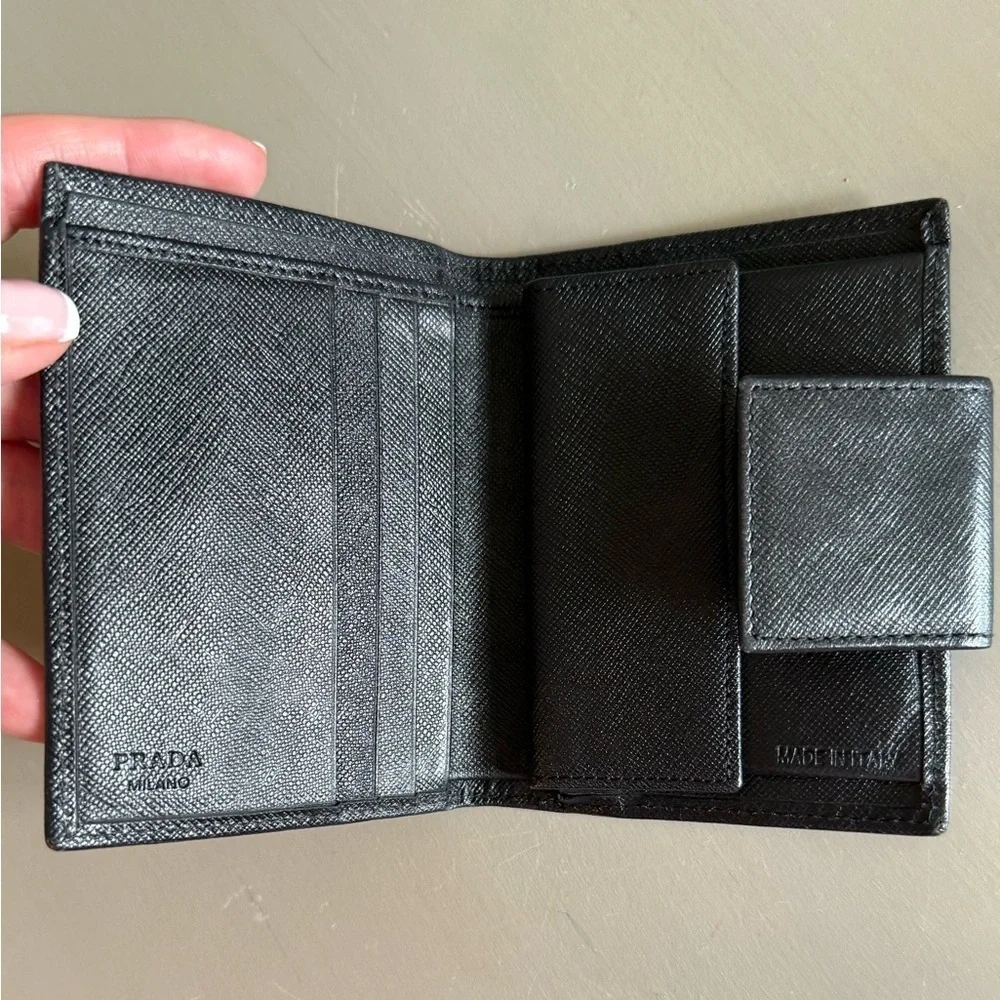 Prada authentic Tessuto Black Leather Card Holder wallet new in box
